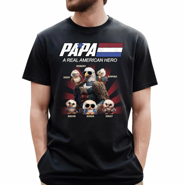 Papa/Dad A Real American Hero Personalized Patriotic Bald Eagle Shirt - Image 2