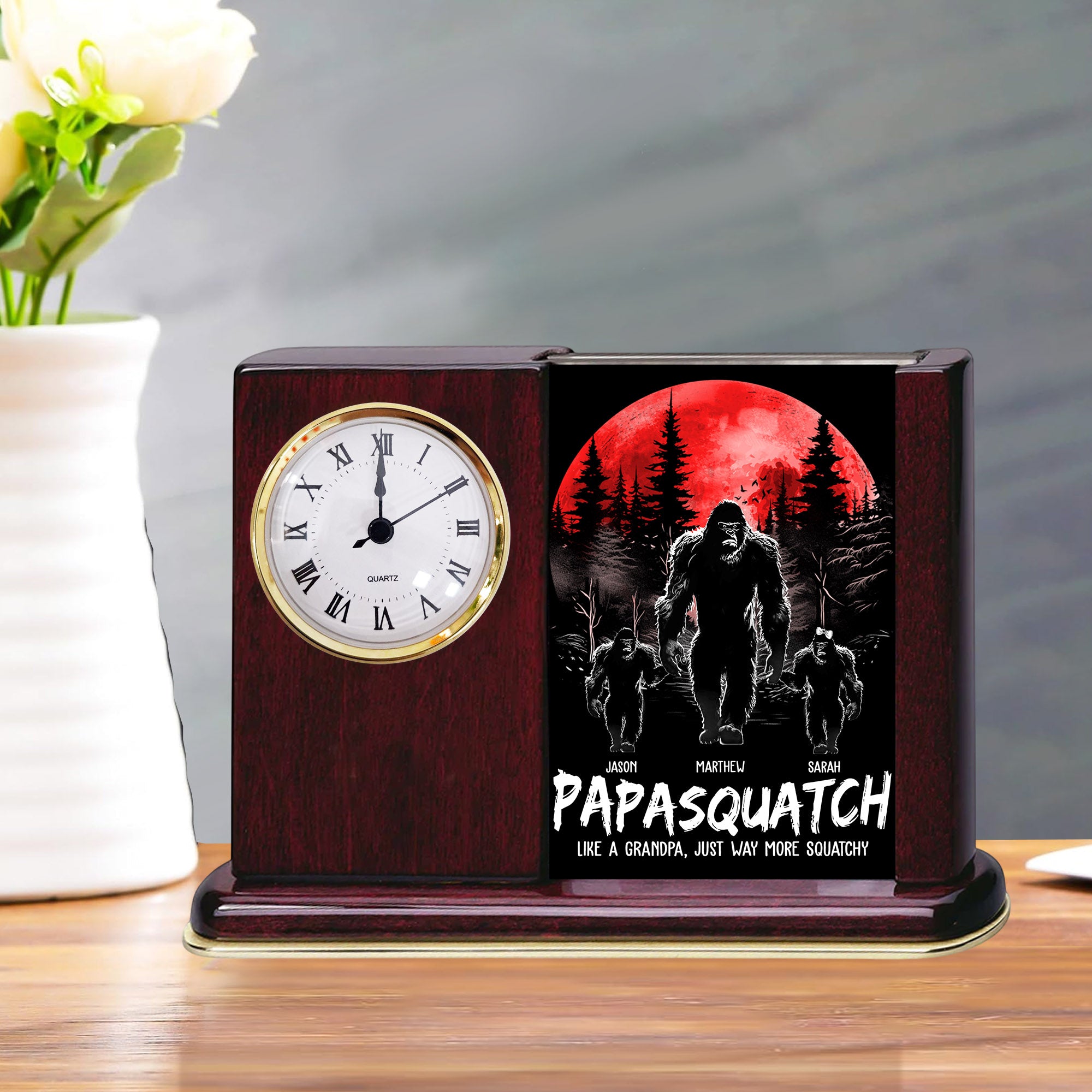 Papasquatch, Like A Grandpa, Just Way More Squatchy - Personalized Acrylic Desk Clock Plaque Gift For Grandpa