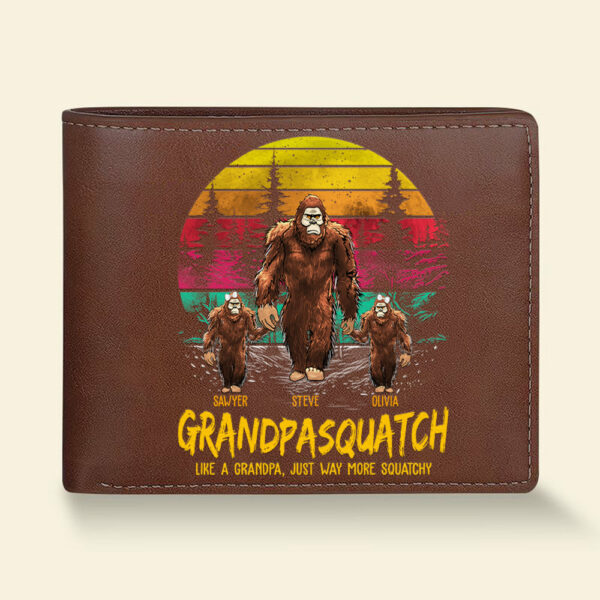 Papasquatch, Like A Grandpa, Just Way More Squatchy - Personalized Vintage Leather Wallet - Image 3
