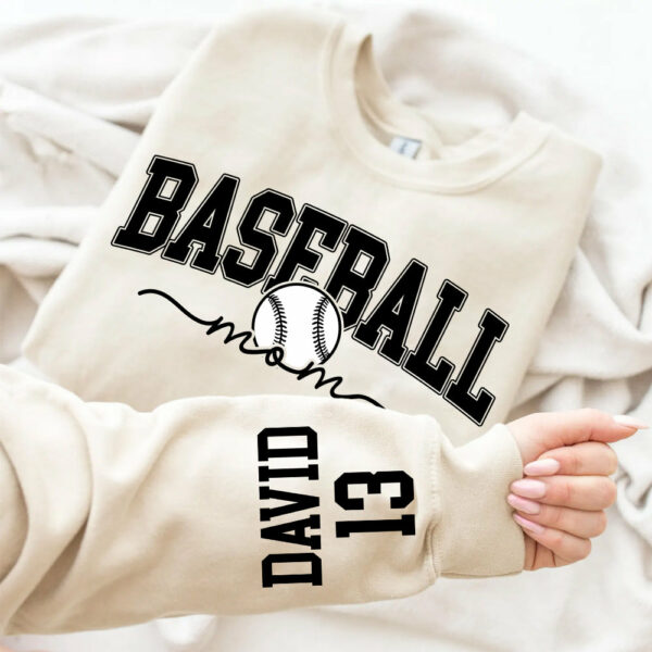 Personalize Baseball Mom Kids Name On Sleeve Sweatshirt, Mom Baseball Sweater, Baseball Mama Shirt, Gift for Baseball Mom, Fall Baseball Season Shirt