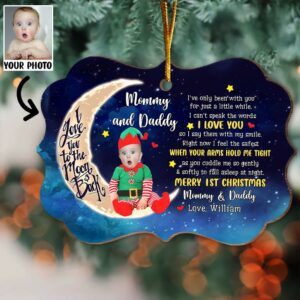 Personalized Adorable Newborn Baby Elf First Christmas Ornament - Custom Face Baby Wooden Ornament