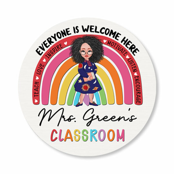 Personalized Classroom Door Sign For Teacher - Everyone Is Welcome Here, Teacher Welcome Round Wooden - Image 2