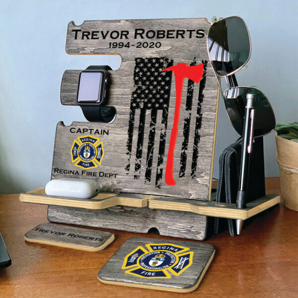 Personalized Gift for Firefighter Wood Docking Station Desk Organizer Custom Fireman Gift Phone Stand H2511 - Image 3
