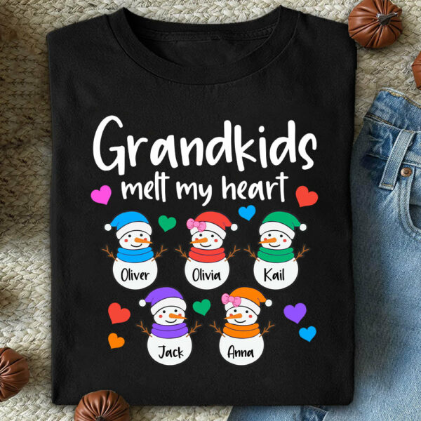 Personalized Grandkids Melt My Heart Shirt, Custom Snowmen With Grandchildren Names