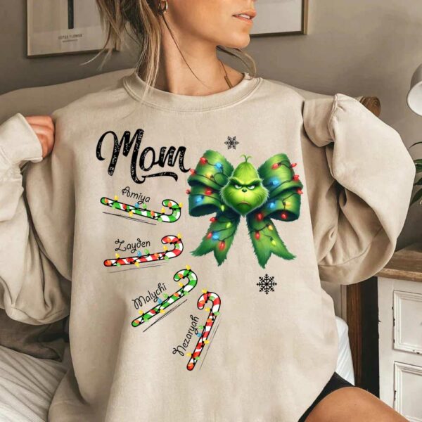 Personalized Grandma Christmas Candy Cane Coquette Bow Shirt, Custom Nana Mimi Funny Christmas Shirt - Image 2