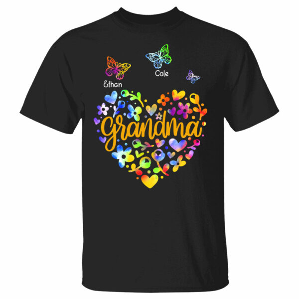 Personalized Grandma Colorful Flower Heart With Butterflies Shirt For Grandma