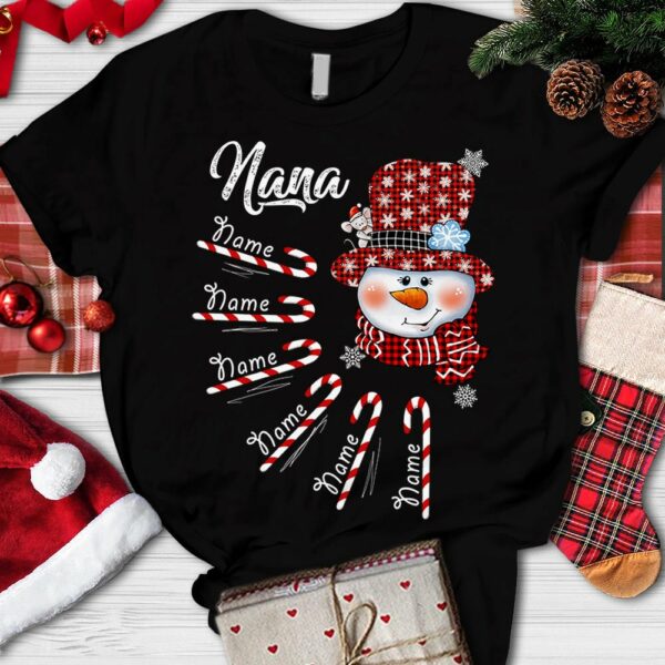 Personalized Grandma Nana Christmas Shirt Nana With Grandkids Name Candy Cane Snowman Shirt