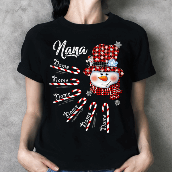 Personalized Grandma Nana Christmas Shirt Nana With Grandkids Name Candy Cane Snowman Shirt - Image 2