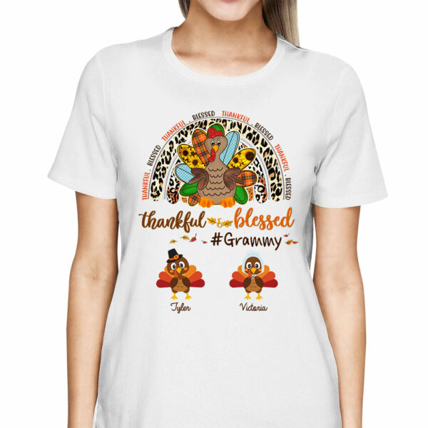 Personalized Grandma Nana Thankgiving Shirt Thankful Blessed Grandma Like Turkey Shirt With Grandkids Name - Image 2