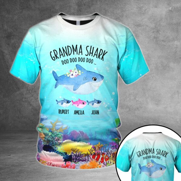 Personalized Grandma Shark Doo Doo Under The Sea 3D Shirt Grandma With Grandkids Name Cute Shark 3D All Over Print Hoodie Zip Hoodie - Image 3