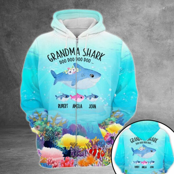 Personalized Grandma Shark Doo Doo Under The Sea 3D Shirt Grandma With Grandkids Name Cute Shark 3D All Over Print Hoodie Zip Hoodie - Image 4