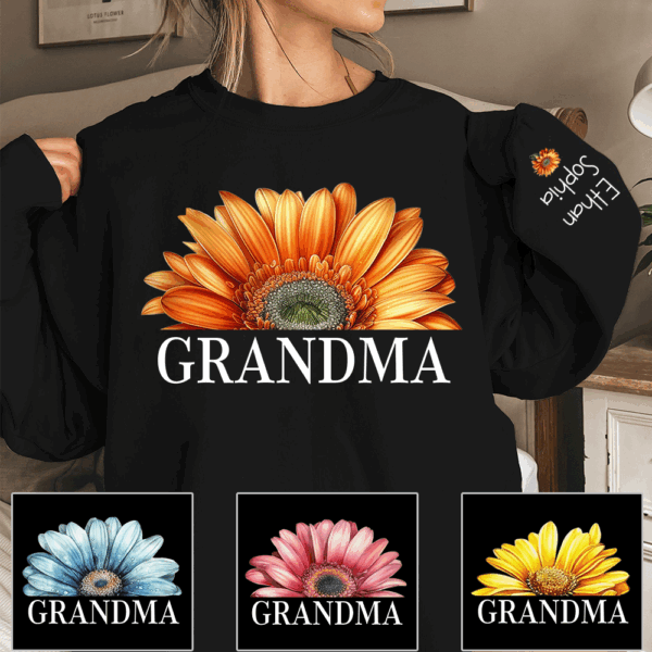 Personalized Grandma Watercolor Daisy Sweatshirt, Custom Grandma Shirt With Kids Name On Sleeve