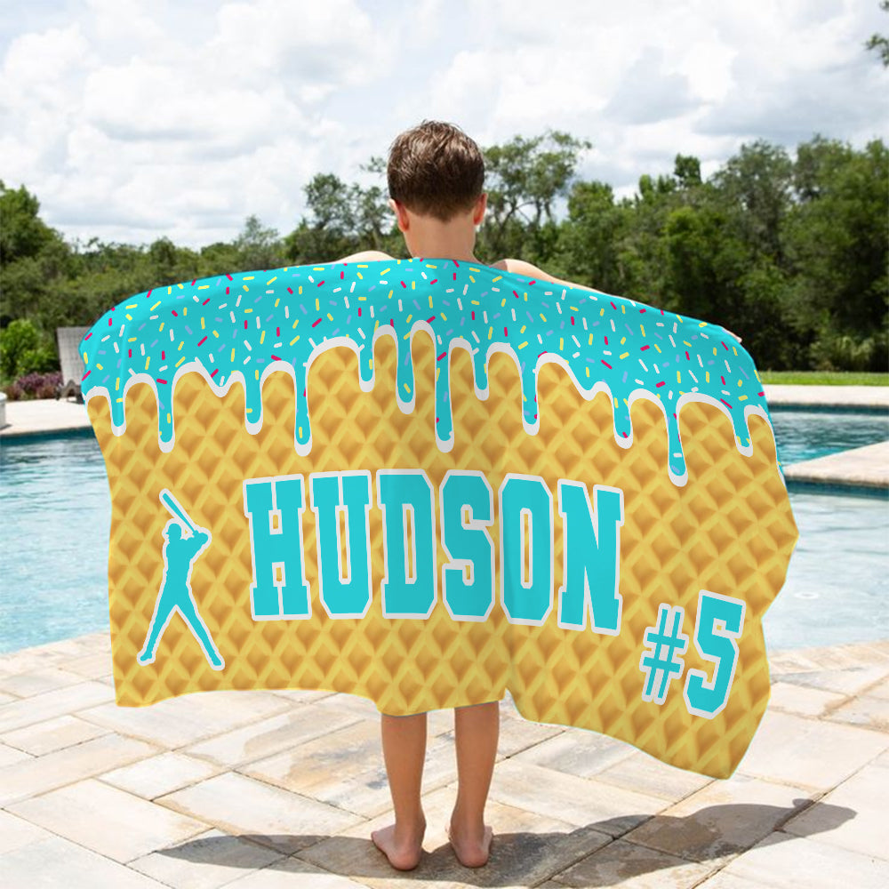 Personalized Ice Cream Drip Baseball Beach Towel For Boys, Drip Beach Towel, Pool Towel, Team Gift, Youth Baseball Gift