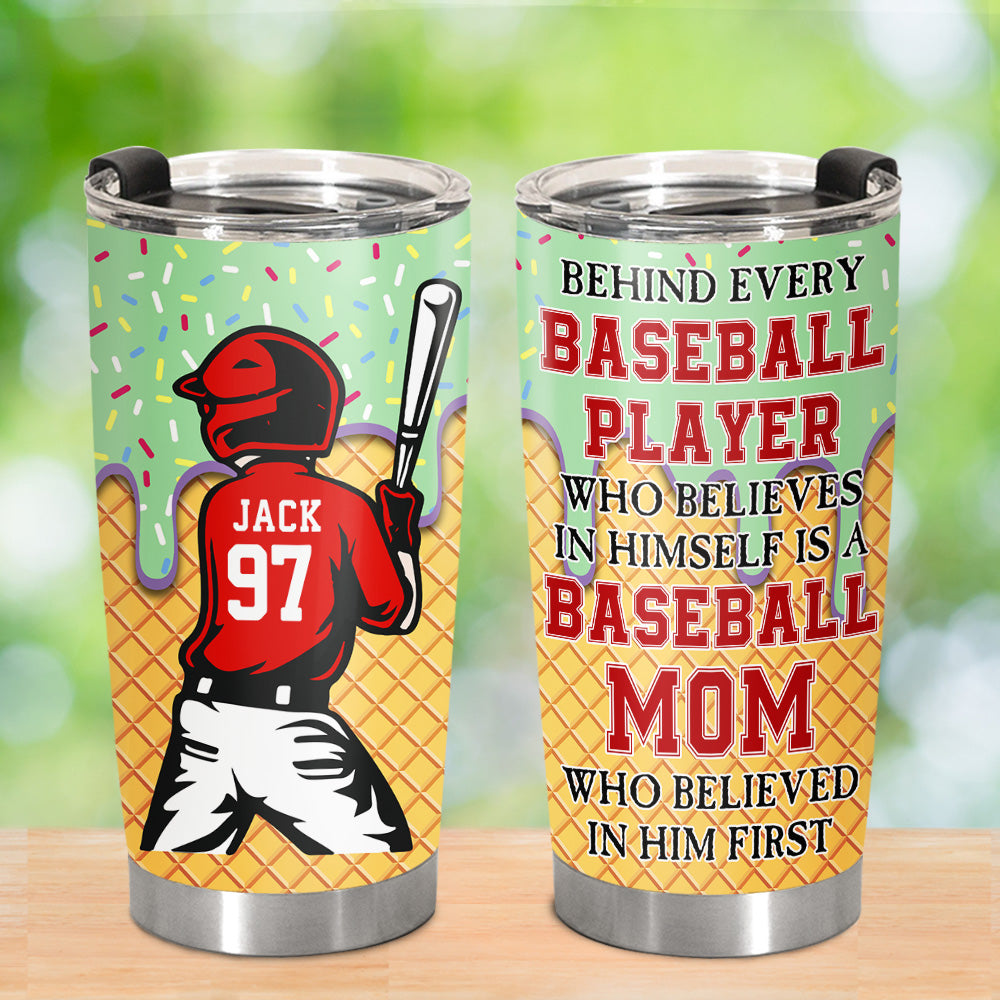 Personalized Ice Cream Drip Baseball Tumbler, Baseball Mom Behind Every Baseball Player, Gift For Baseball Lover A2110
