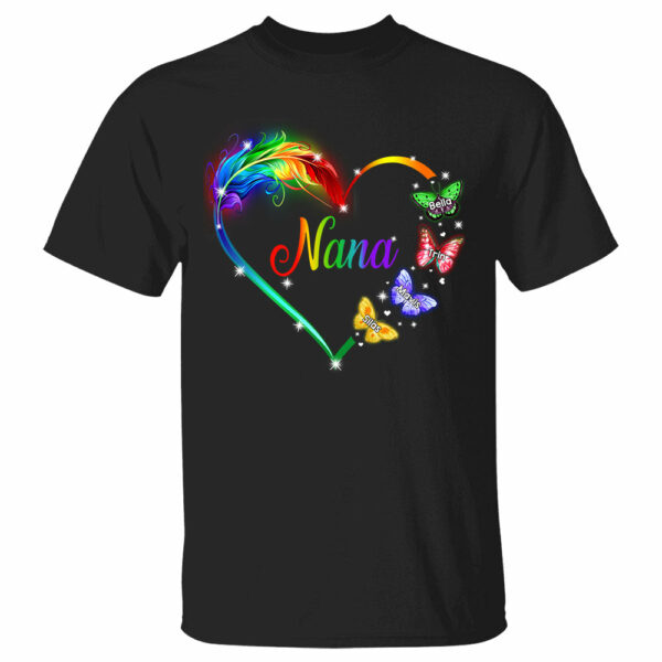 Personalized Nana Butterflies Colorful Heart Custom Shirt Nana With Grandkids Names - Image 2