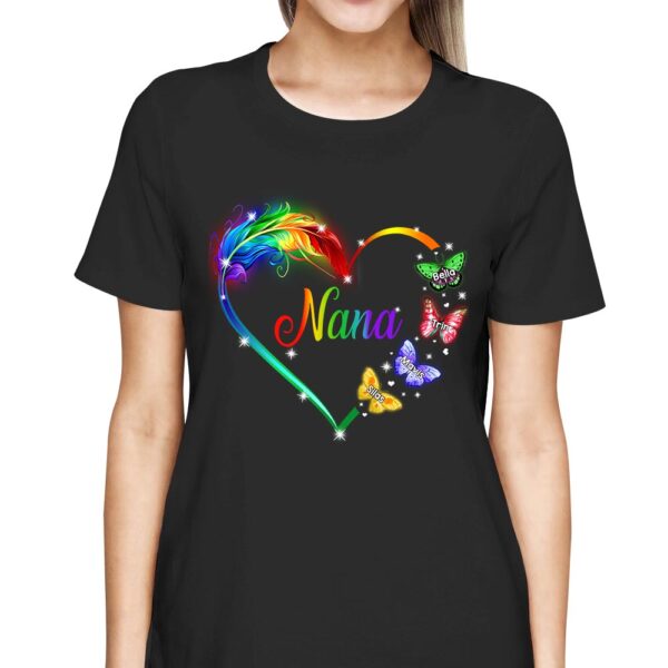 Personalized Nana Butterflies Colorful Heart Custom Shirt Nana With Grandkids Names - Image 3