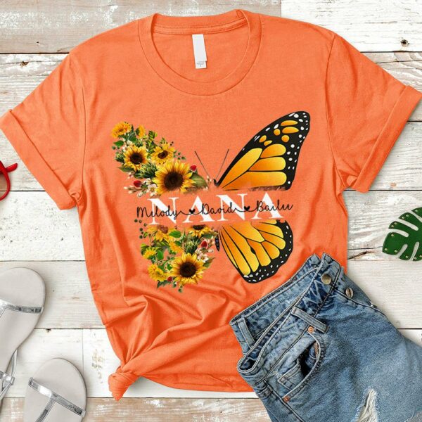 Personalized Nana Butterfly Sunflower Shirt - Custom Nana With Grandkids Names - Image 2