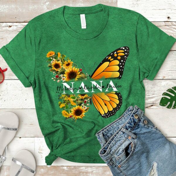 Personalized Nana Butterfly Sunflower Shirt - Custom Nana With Grandkids Names - Image 3