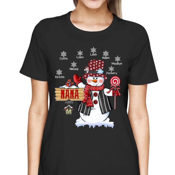 Personalized Nana Snowman With Snowflake Christmas Shirt Funny Nana With Grandkids Name Christmas Shirt - Image 2