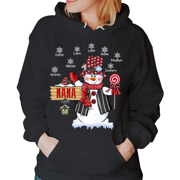 Personalized Nana Snowman With Snowflake Christmas Shirt Funny Nana With Grandkids Name Christmas Shirt - Image 4