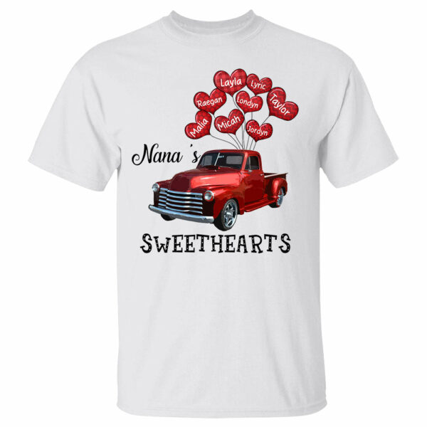 Personalized Nana's Sweethearts Red Car Shirt Nana With Grandkids Name Balloon Heart Shirt - Image 2