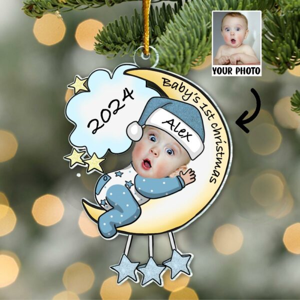 Personalized Photo Baby's First Christmas Ornament - Baby on Moon Christmas Tree Ornament - Personalized Acrylic Photo Ornament Gift for Newborn - Image 2
