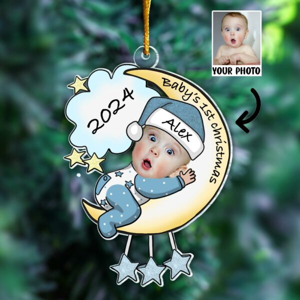 Personalized Photo Baby's First Christmas Ornament - Baby on Moon Christmas Tree Ornament - Personalized Acrylic Photo Ornament Gift for Newborn - Image 3