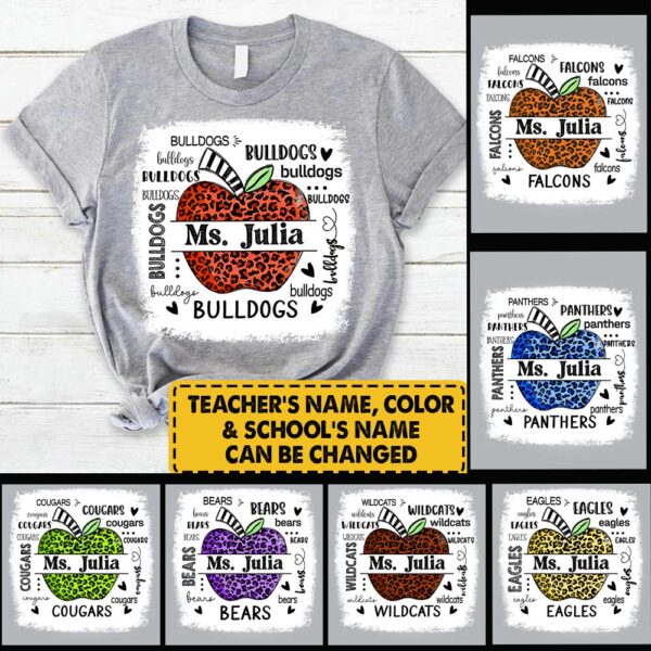 Personalized School Mascot Leopard Apple Custom Name T-Shirt Teacher Appreciation Gift