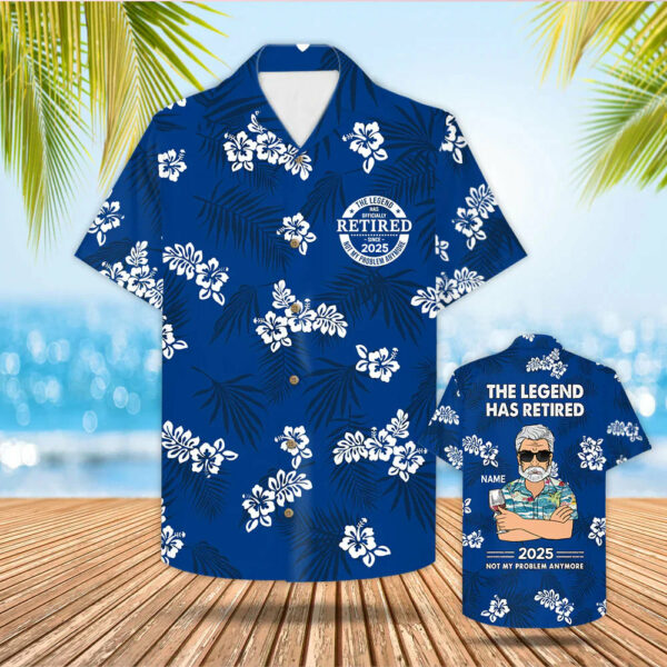 Personalized The Legend Has Retired, Not My Problem Any More, Blue Hibiscus Hawaiian Shirt For Grandpa - Image 3