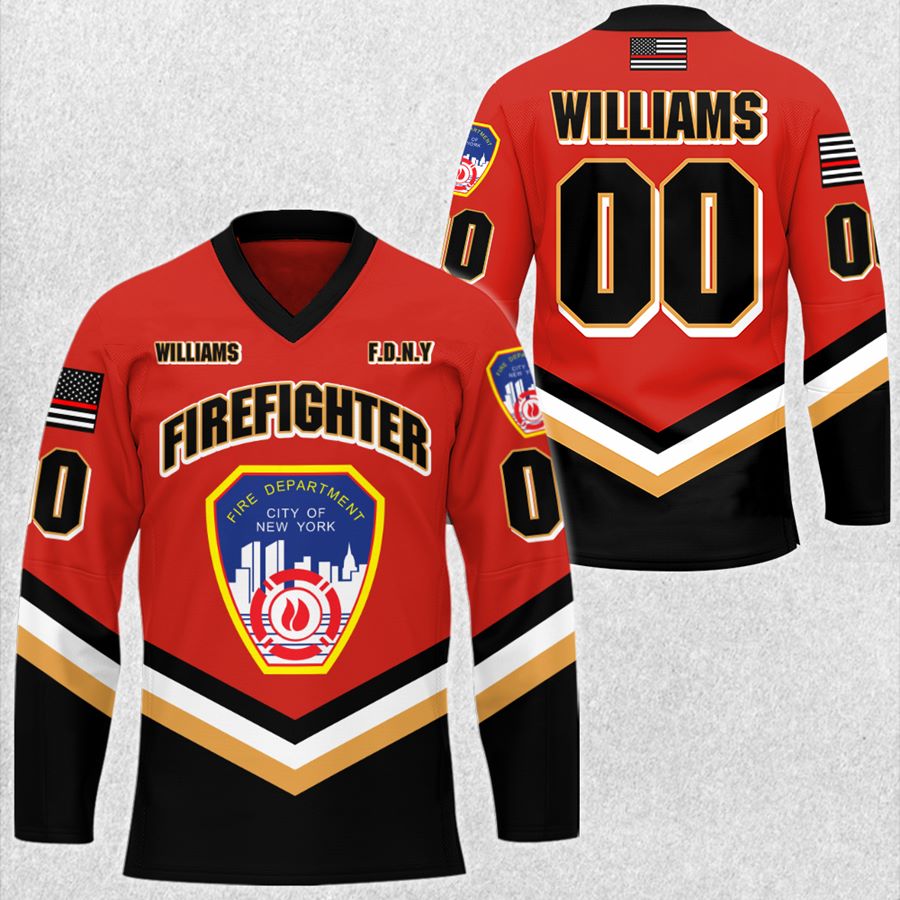 Personalized US Firefighter Hockey Jersey Custom Dept Name Number Thin Red Line Flag H2511