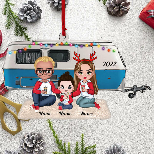 Personalized Young Family Camping With Caravan Camper Christmas Acrylic Ornament - Image 3