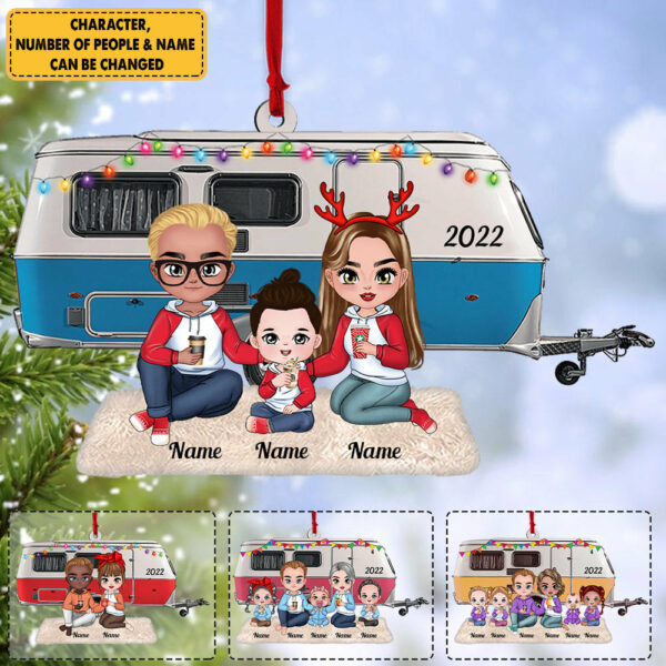 Personalized Young Family Camping With Caravan Camper Christmas Acrylic Ornament - Image 2