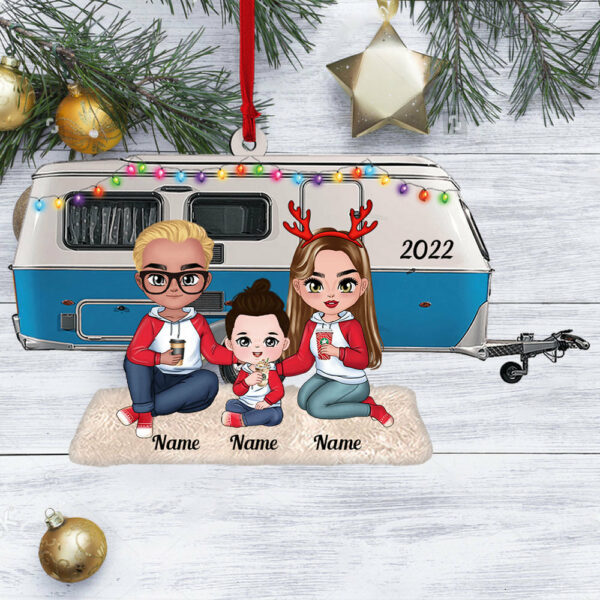 Personalized Young Family Camping With Caravan Camper Christmas Acrylic Ornament - Image 4