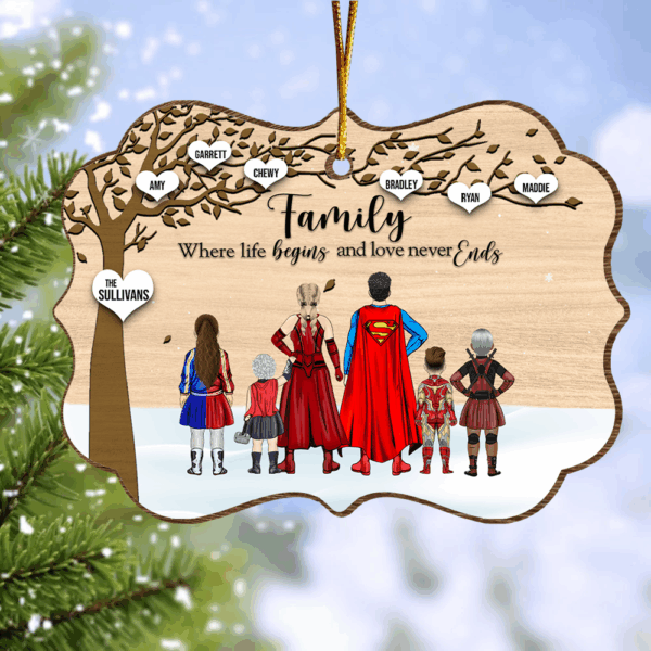 Super Family Where Life Begins and Never Ends Medallion Wooden Christmas Ornament