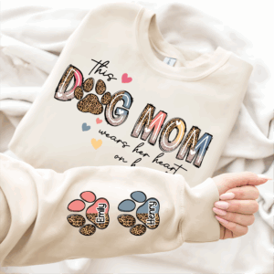 This Dog Mom Wears Her Heart On Her Sleeve Shirt, Dog Paw Shirt, Custom Dog Name Shirt, Glitter Dog Mama Shirt, Dog Mom, Dog Lover Shirt