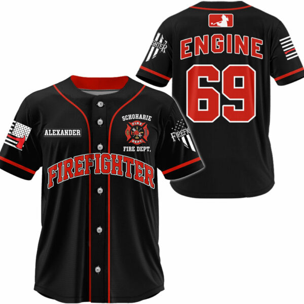 US Firefighter Baseball Jersey Custom Dept Name Number Thin Red Line Flag K1702 - Image 2