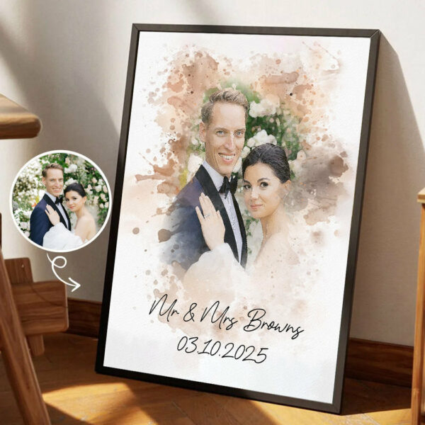 Watercolor Couple Portrait from Photo, Custom Wedding Anniversary Christmas Gift for Wife Husband Parents, Engagement Gift for Friend, Unique Poster Wall Art vr2