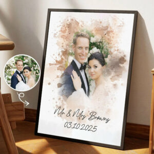 Watercolor Couple Portrait from Photo, Custom Wedding Anniversary Christmas Gift for Wife Husband Parents, Engagement Gift for Friend, Unique Poster Wall Art vr2