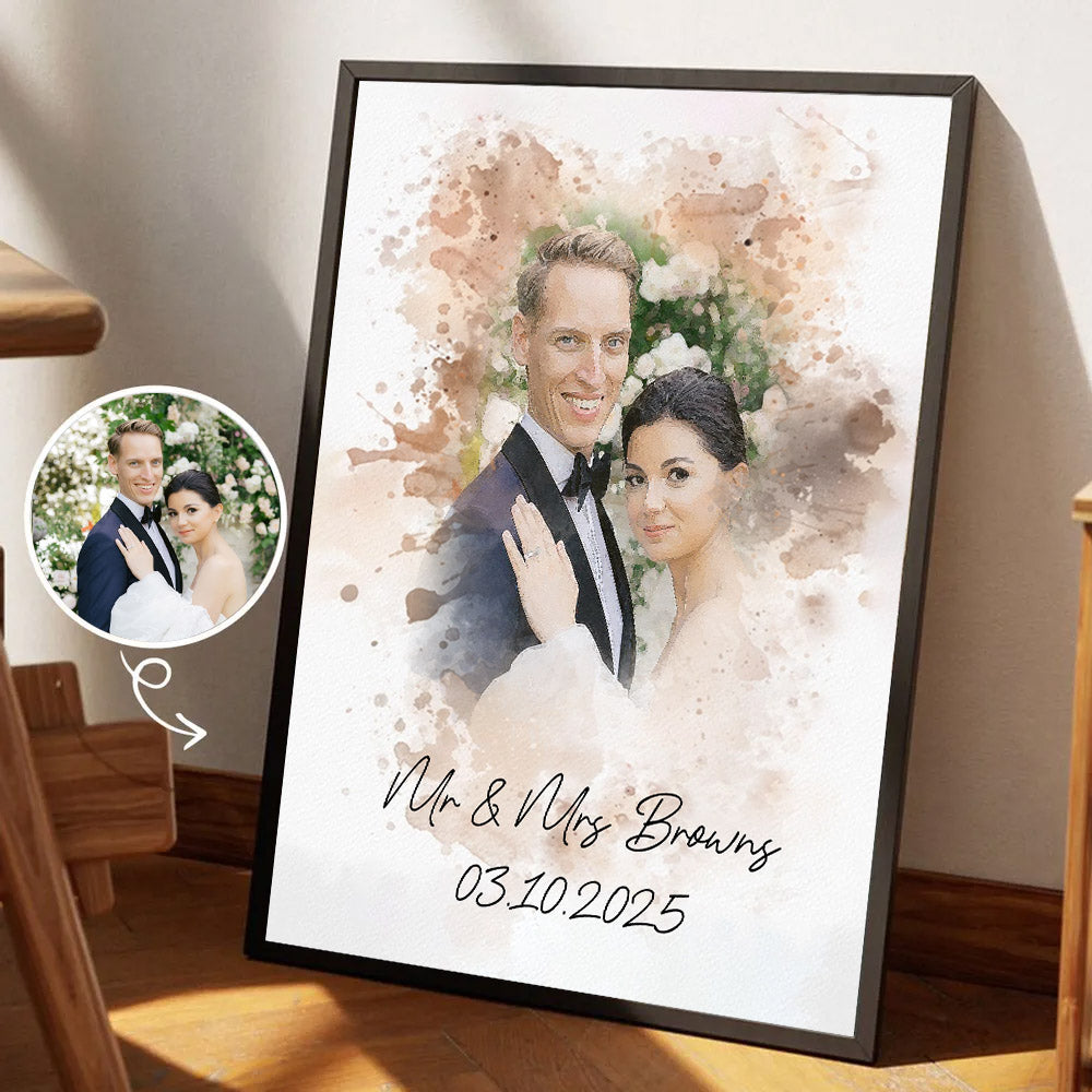 Watercolor Couple Portrait from Photo, Custom Wedding Anniversary Christmas Gift for Wife Husband Parents, Engagement Gift for Friend, Unique Poster Wall Art vr2
