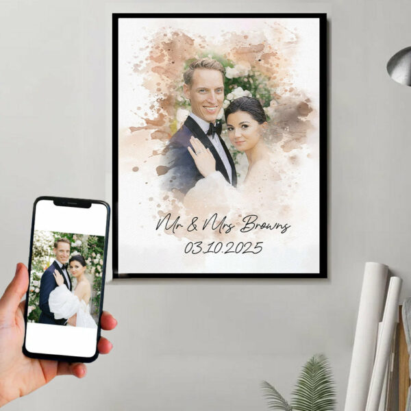 Watercolor Couple Portrait from Photo, Custom Wedding Anniversary Christmas Gift for Wife Husband Parents, Engagement Gift for Friend, Unique Poster Wall Art vr2 - Image 5