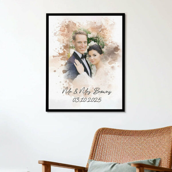 Watercolor Couple Portrait from Photo, Custom Wedding Anniversary Christmas Gift for Wife Husband Parents, Engagement Gift for Friend, Unique Poster Wall Art vr2 - Image 3