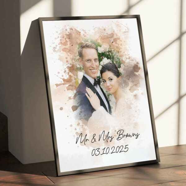 Watercolor Couple Portrait from Photo, Custom Wedding Anniversary Christmas Gift for Wife Husband Parents, Engagement Gift for Friend, Unique Poster Wall Art vr2 - Image 6